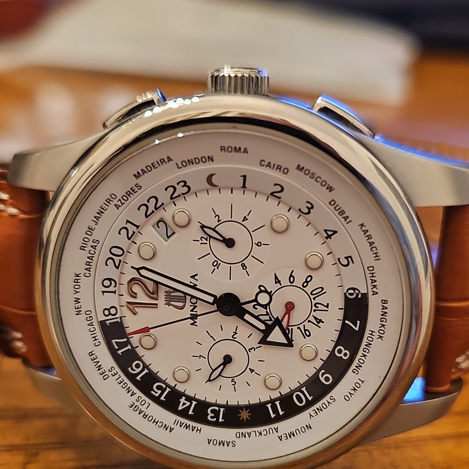 Minerva World Time Automatic Chronograph Brown Le… - image 6