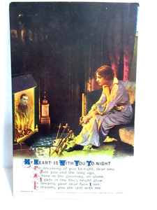 WWI POSTCARD MY HEART IS WITH YOU TONIGHT,LADY BY FIREPLACE, VISION OF SOLDIER