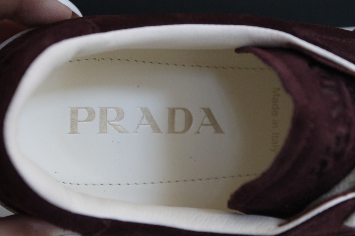 sz 8 / 7 UK PRADA Bordeaux Suede Lane Logo Low Top Lace up Sneaker