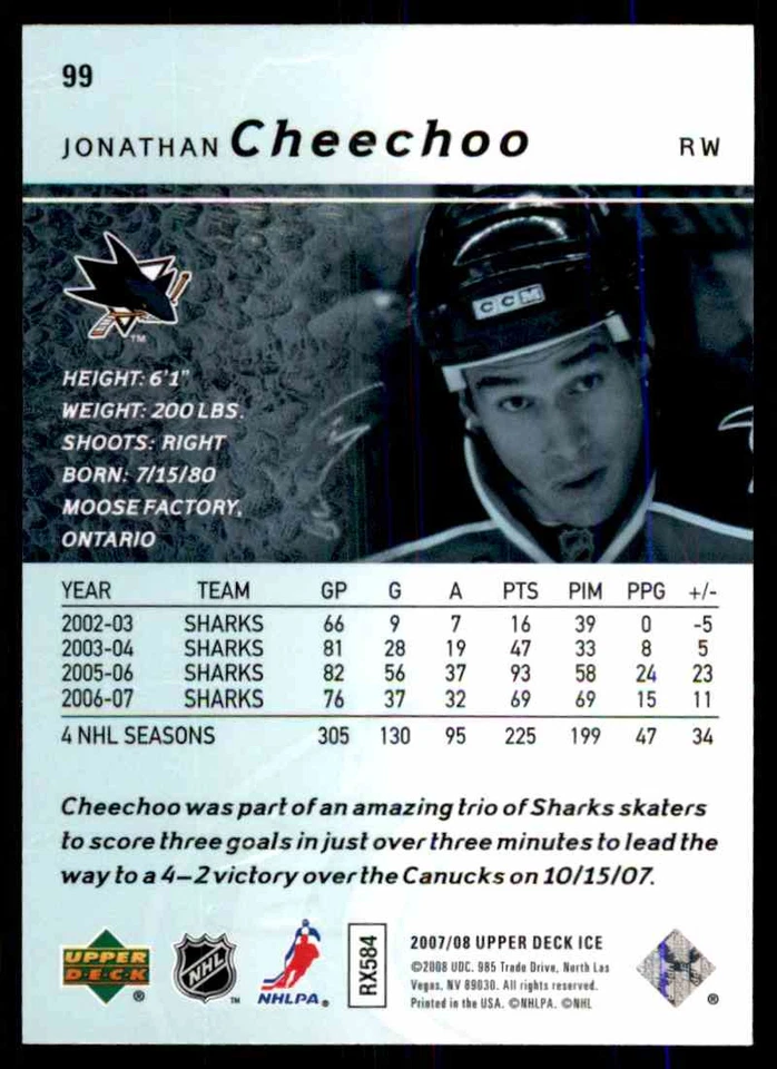 2007-08 UPPER DECK ICE JONATHAN CHEECHOO #99 - Image 2 of 2