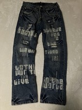 Jean homme Lin Dong en denim vieilli 33x32 peinture graffiti patchwork...