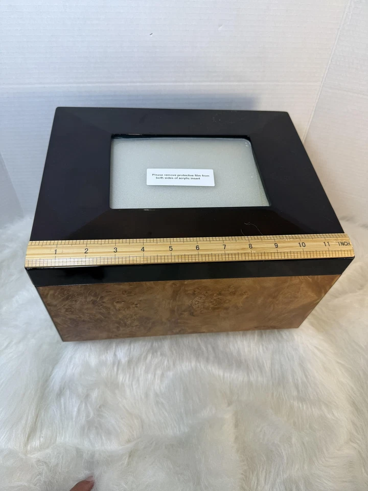 Burl Wood Lacquer Keepsake Storage Box Photo Frame Lid Acrylic Insert Large - Image 3 of 4