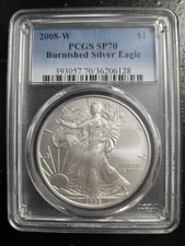 2008-W BURNISHED AMERICAN SILVER EAGLE PCGS SP70 BLUE LABEL 