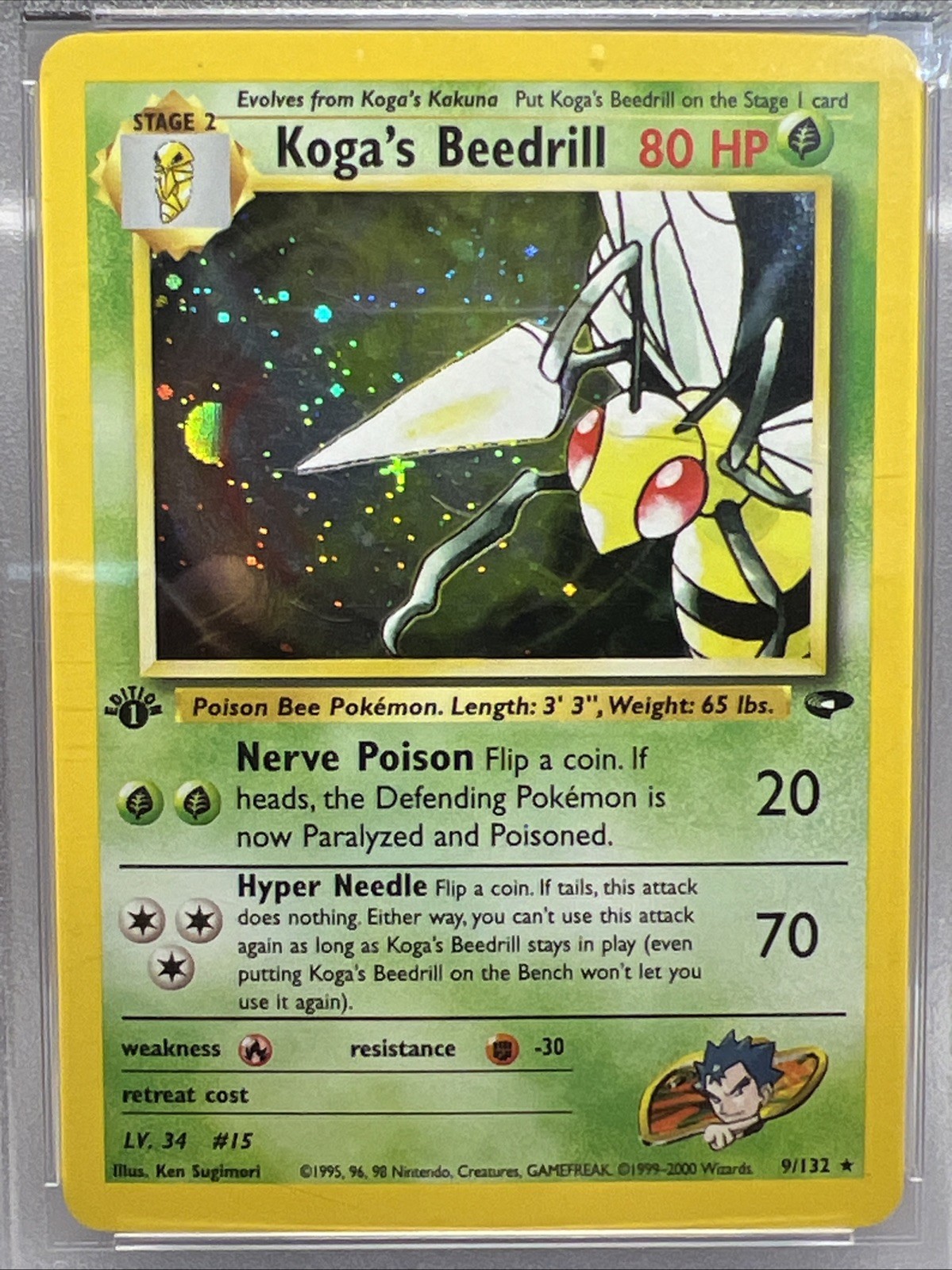 Koga's Beedrill 9/132 1st Ed. Gym Challenge Holo Rare Pokemon Card. PSA 8 NM-MT