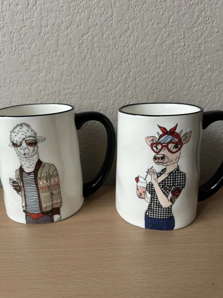 6 piezas Signature Housewares Inc Hipster Asst. Tazas blancas de gres café animales Foto 3 de 4