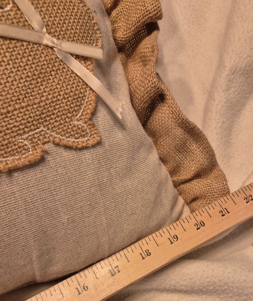 Burlap Pillow With Bunnies Rustic Primitive Porch Chair Cushion Lace Edging - Image 3 of 4