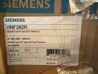 Siemens HNF262R Heavy Duty Safety Switch 60A 600V 2P NEMA 3R Type HS Hub-New