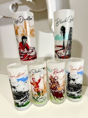 6 Frontier Gas promotional Federal Glasses Tumblers 1950s Wild West Gold Rush