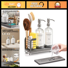 Soap Dispenser Set with Drying Tray - 16oz Glass Bottles, Stainless Steel Pumps,