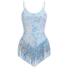 Sparkle Sequins Fringe Leotard Baby Blue Dance Costume Women Small