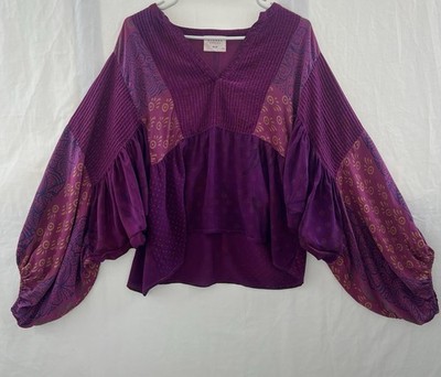 Sissel Edelbo Bibi Balloon Blouse Upcycled Sari Boho One Size Purple Pink
