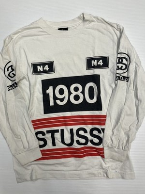 Stussy 1980 Big Logo T-Shirt Long Sleeve Distrissed Men SZ S  white