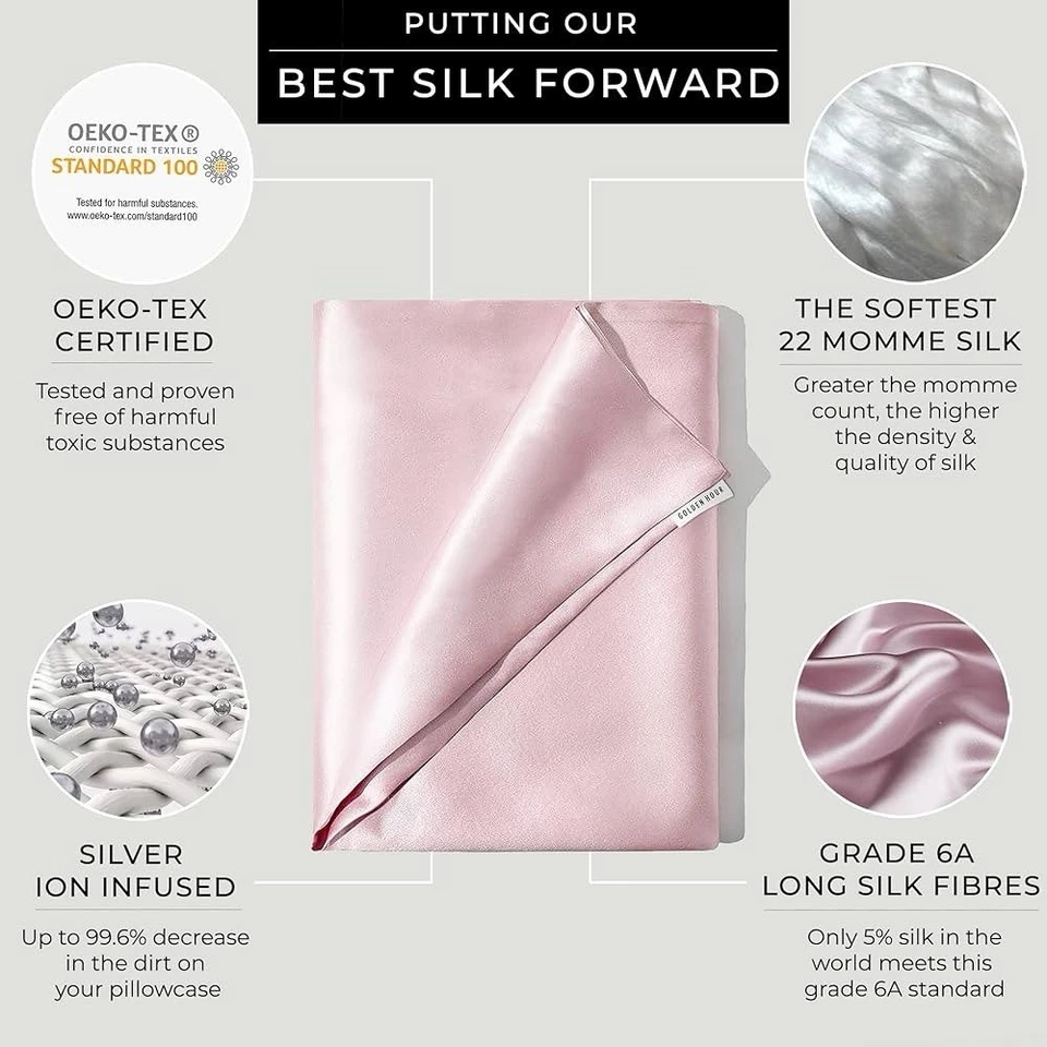 (Pink) 100% Mulberry Silk Pillowcase 22 Momme Queen with Zipper Luxury Soft - Image 4 of 4