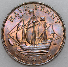 1944 GEORGE VI HALFPENNY, BRITISH BRONZE COIN, BU MUCH LUSTER