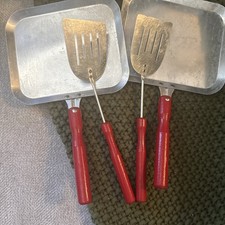 Vintage children  s Cooking Utensils Wooden Handle. 2 Pans. 2 Spatulas.