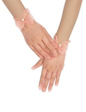 Women Bow Tulle Gloves with Pearls Short Mesh Tea Party Gloves One Size Blush