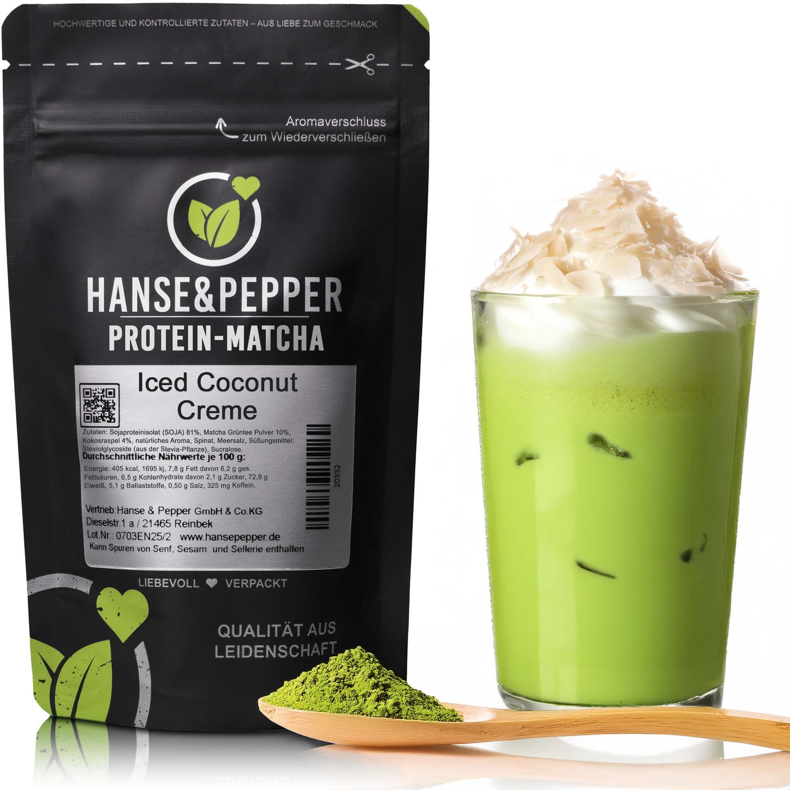 1kg Protein Matcha - Iced Coconut Creme Eiweiß 100% Vegan Sojaproteinisolat