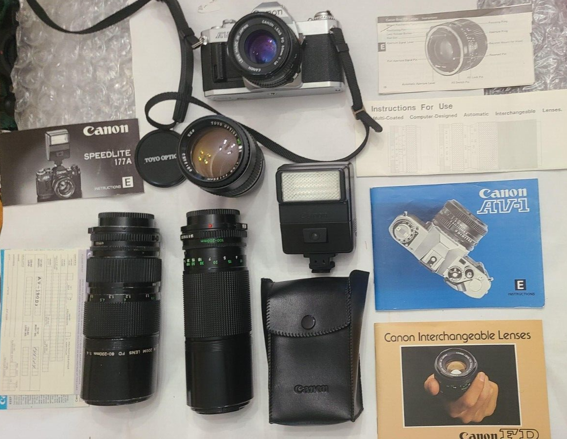 Canon AV-1 Film Camera,Flash,w/50,135,80-200 & 100-200mm Lenses