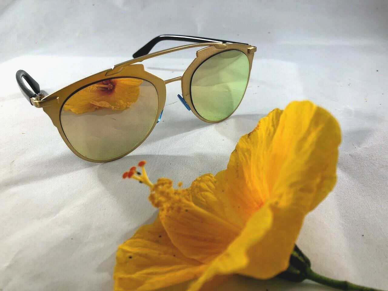 Cat Eye Sunglasses Women Mirror Metal Gold Tone Frame Black Plastic Legs UV400-image