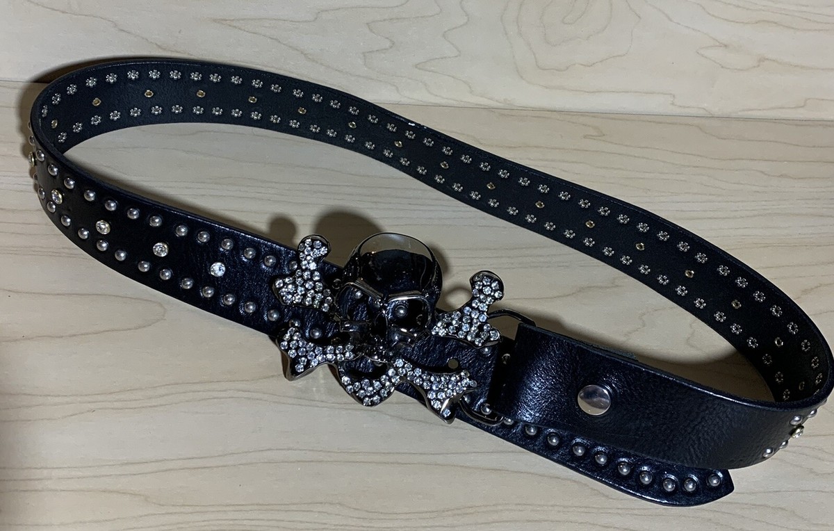 Black & Brown London Leather Crystal Skull Belt Small 
