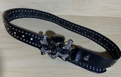Black & Brown London Leather Crystal Skull Belt Small  display picture 2