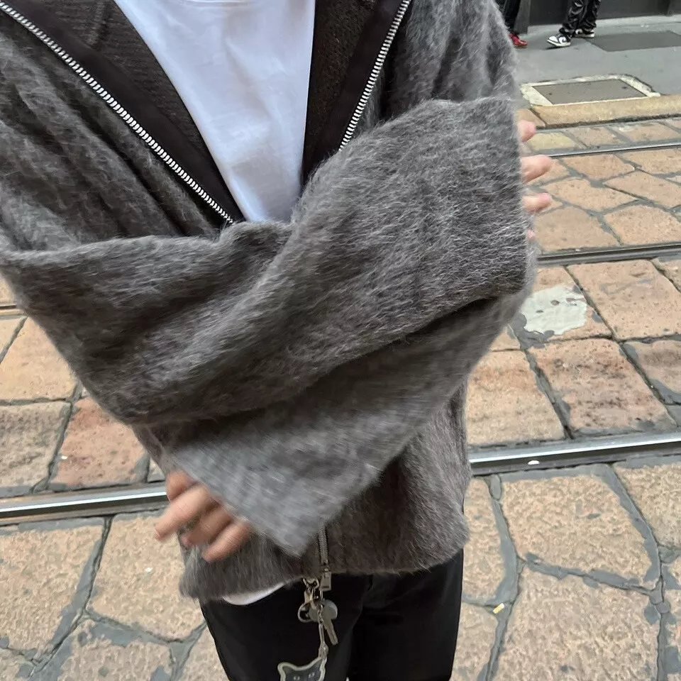 Mohair Zipper Cardigan Wool Blend Knit Sweater Hoodie Coat Mohair Zipper Cardigan Wool Blend Knit Sweater Hoodie Coat