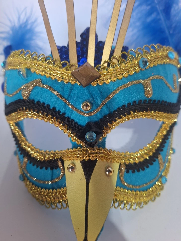 Blue and Gold Peacock Masquerade Mask with feathers missing 1 feather, easy fix - Image 4 of 4