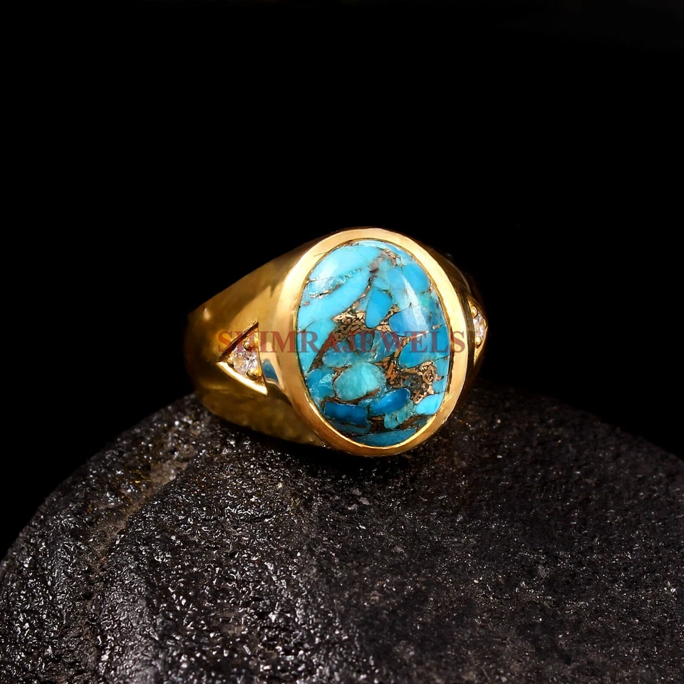 Lab Created Copper Turquoise With 18K Gold Plated Silver Men's Ring #913 - Image 2 of 4
