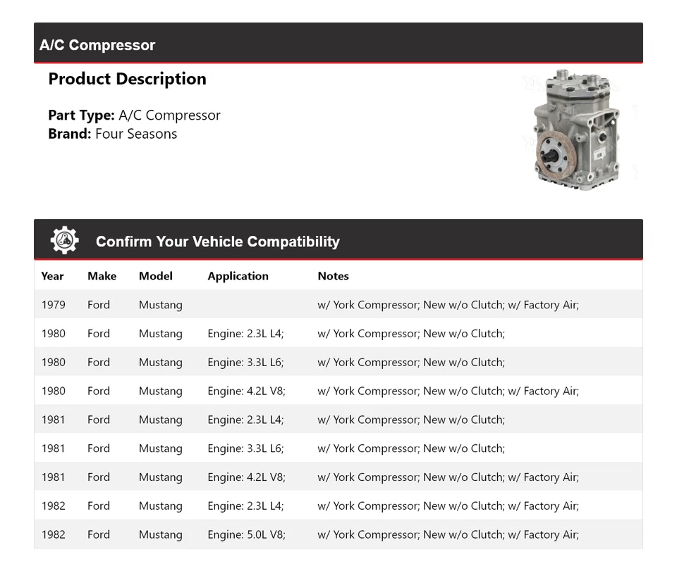 Compresor de aire acondicionado para Ford Mustang 1979-1982 4 estaciones 1980 1981 Foto 2 de 4