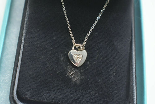 Tiffany &amp; Co 18K White Gold 3 Diamond Heart Pendant for Necklace w/ Suede Box 