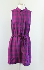 NWT Banana Republic Deep Pink Navy Blue Plaid Tie Waist Shift Shirt Dress Size 8