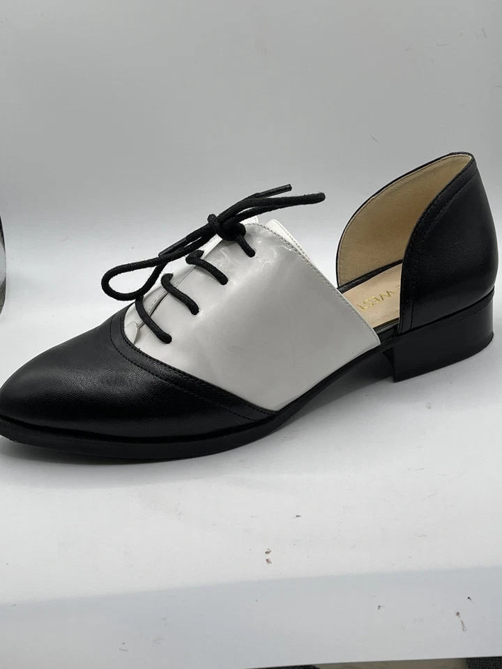 Oxford NINE WEST Watervelt de cuero negro blanco para mujer 6M con cordones planos Foto 3 de 4