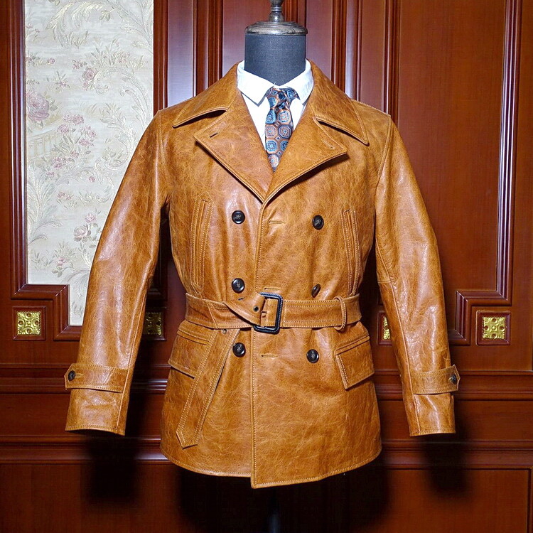 Mens Retro Double Breasted Belted Peacoat Horsehide Leather