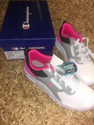 pink and white champion shoes