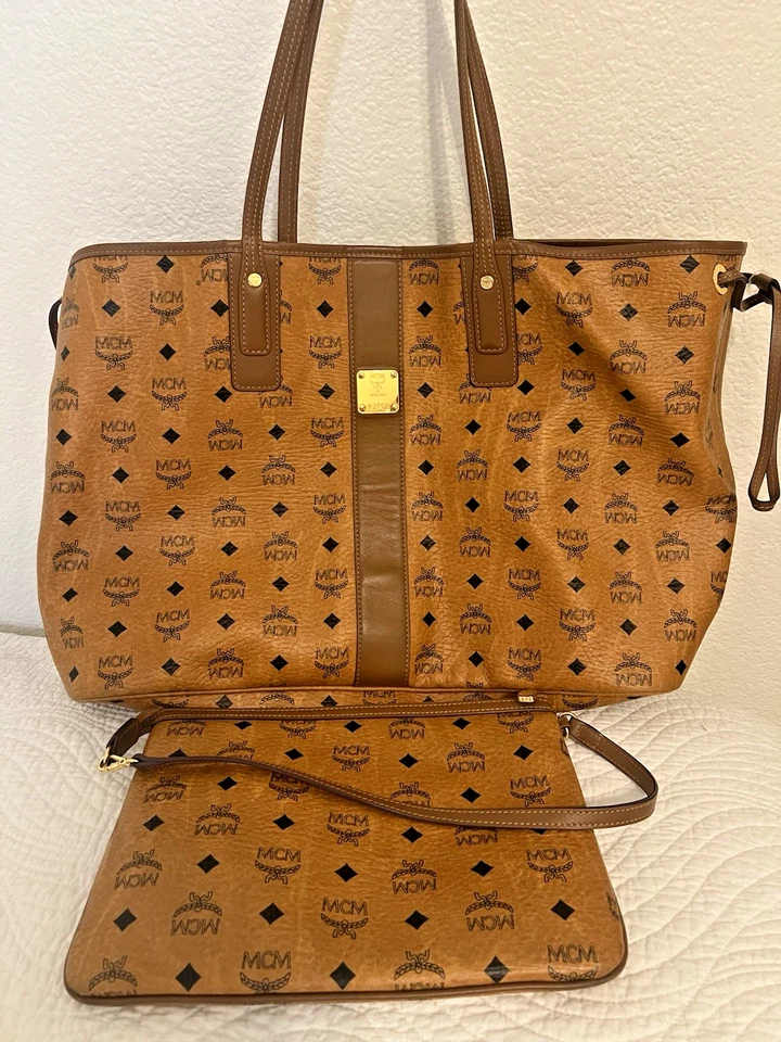 Authentic MCM Large Reversible Liz Shopper Tote Bag in Cognac w/ Clutch Set - Image 2 of 4