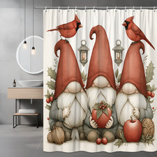 Cute Christmas Gnome Shower Curtain with Red Cardinals and Lanterns