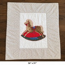 Vintage Rocking Horse Baby Quilt 36x31 Handmade Nursery Lap Crib Blanket Red