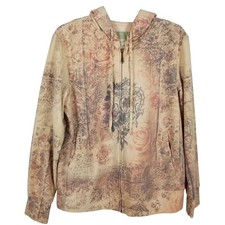 Green Tea Womens XL Rose Motif Zip Up Hoodie Vintage Y2K Floral Sweatshirt