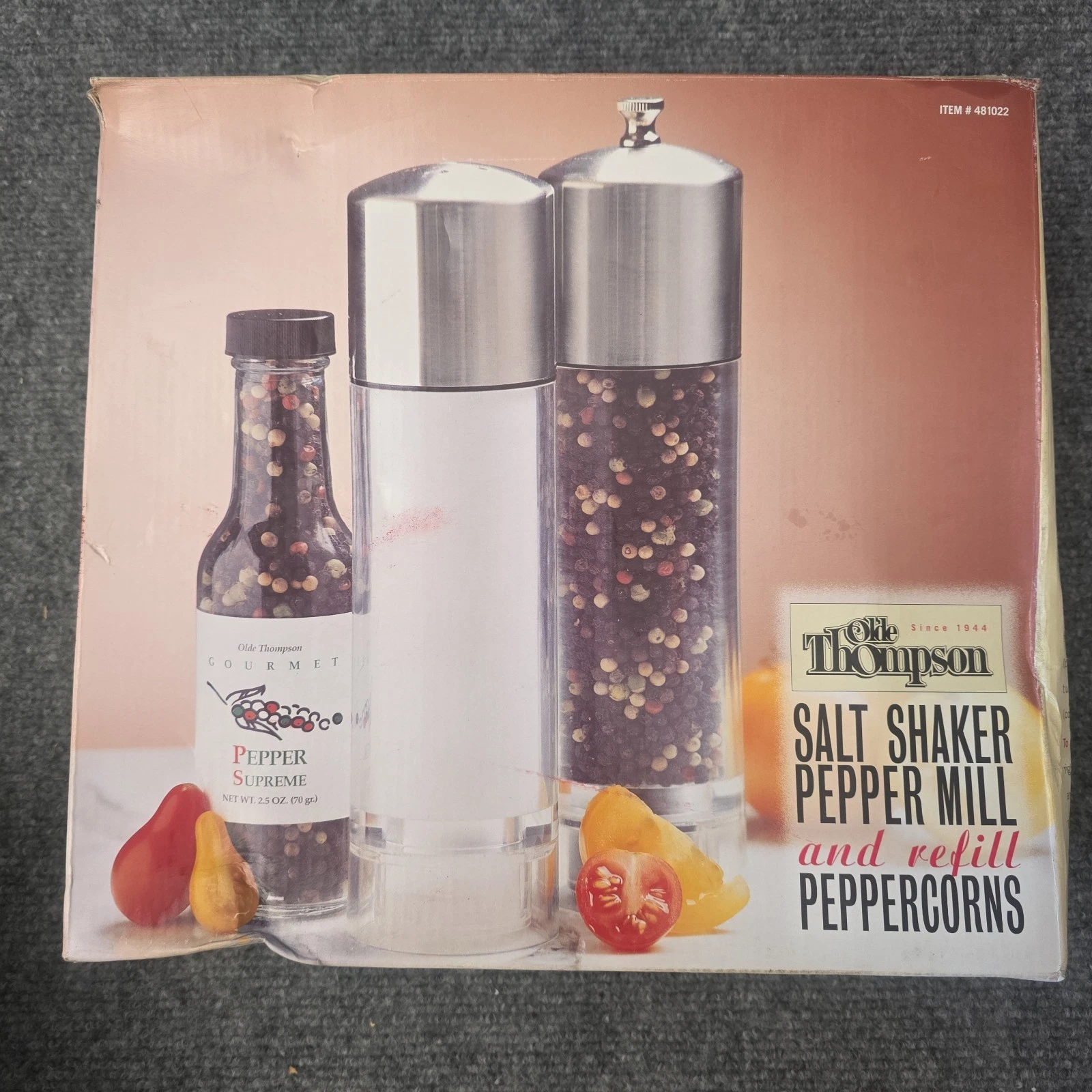 Old Thompson Acrylic Salt and Pepper Mill Set New In Box Imperfection On One