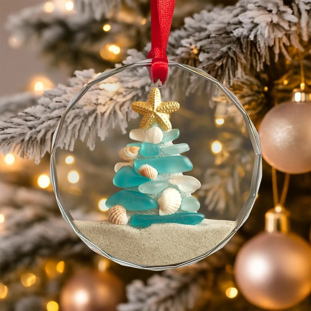 Beach-Inspired Glass Ornament with Sea Glass and Shells for Christmas Tree