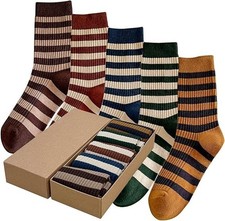5 Pairs of Retro Striped Socks Cute Crew Socks for Women All-season Womens Cr...