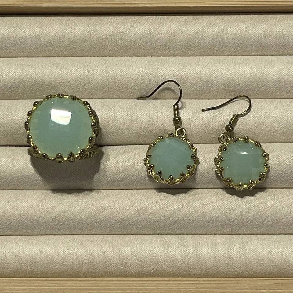 Calcedônia - Coroa Redonda - Espuma do Mar Aqua - Vintage - Joias de Pedra Preciosa Dourada - NOVO - Imagem 3 de 4