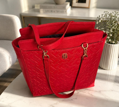 Women's Red Woven Medium Tote Bag Double Handles Zip Top Gold Hardware Strap