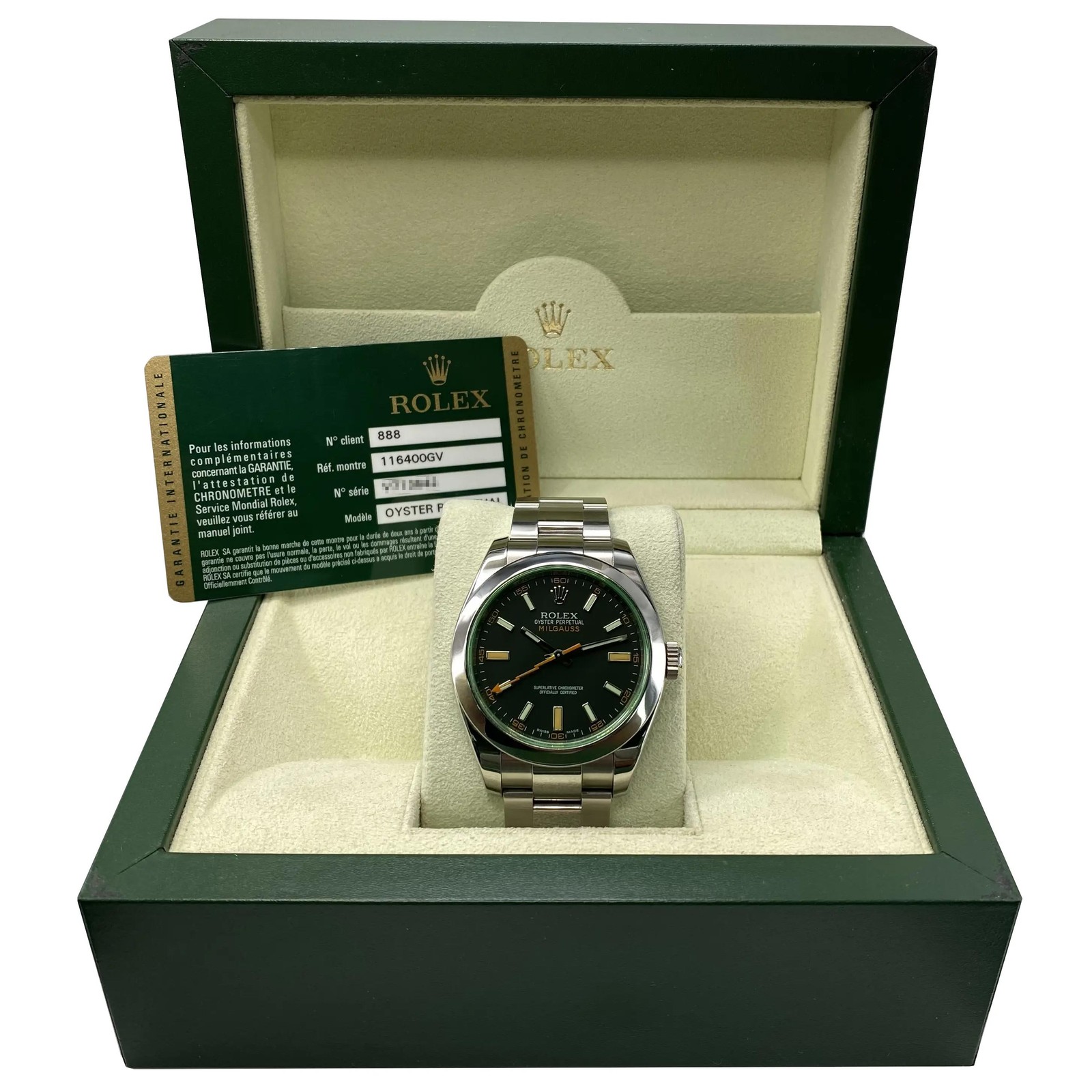 Rolex Milgauss 116400GV Steel Green Sapphire Black Dial Watch B&P