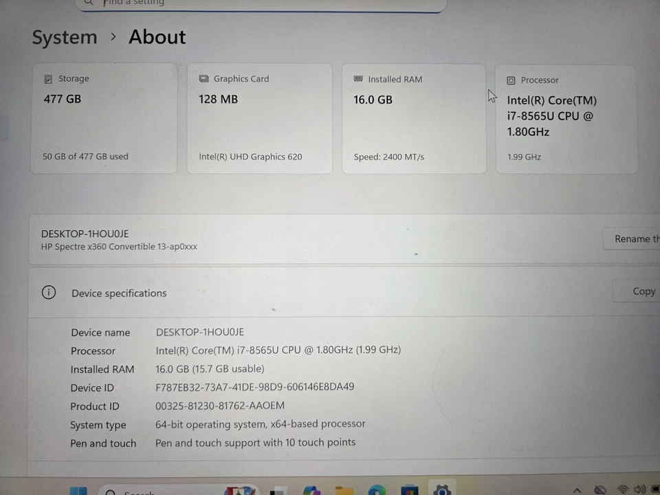 HP Spectre x360 Pantalla Táctil Convertible i7-8565U, 16GB RAM, 512 SSD, Win11 Home Foto 2 de 4