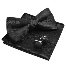 Alizeal Mens Classic Paisley BowTie, Hanky and Cufflinks Set Black-2
