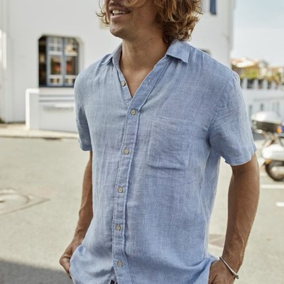 Faherty Palma 100% Linen Lightweight Shirt Men s Medium Button Blue Basketweave