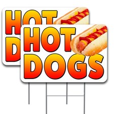 HOT DOGS 2 Pack Double-Sided Yard Signs 16" x 24" with Metal Stakes Made in Tex