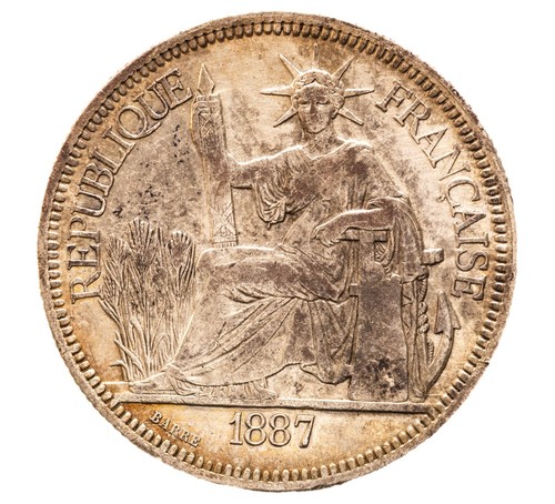 1887 French Indochina 1 Piastre de Commerce 90% Silver Trade Coin