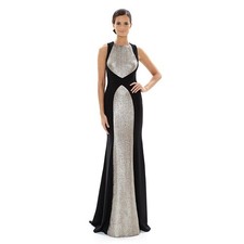 Carmen Marc Valvo Infusion Gown 8 Metallic Black Silver Open Back Evening Dress